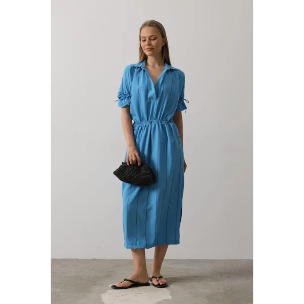 Beli Lastikli Elbise - Mavi