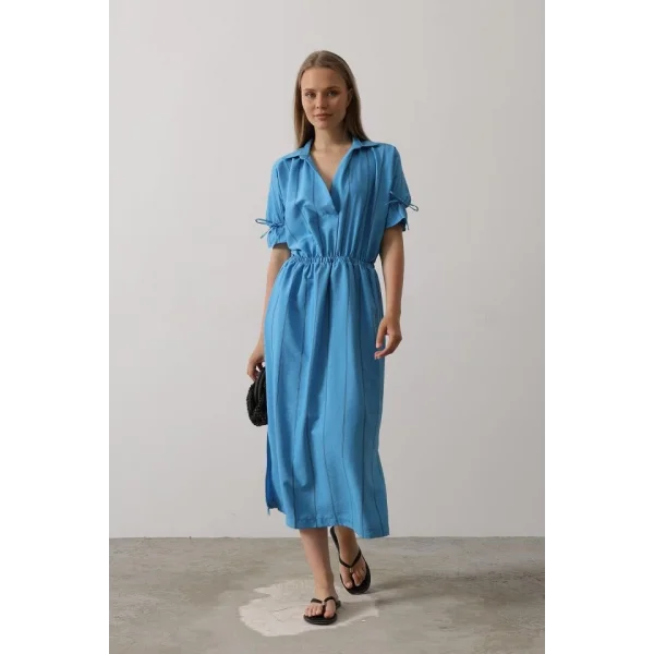 Beli Lastikli Elbise - Mavi