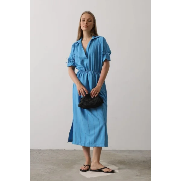 Beli Lastikli Elbise - Mavi