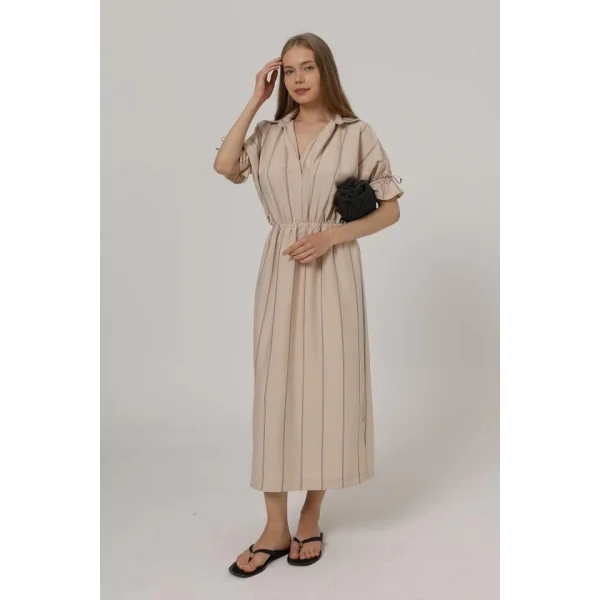 Beli Lastikli Elbise - Taş