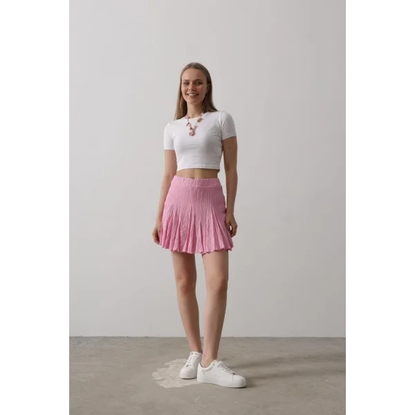 Beli Lastikli Mini Etek - Pembe
