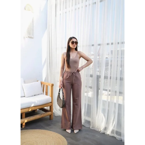 Beli̇ Lasti̇kli̇ Ve Bağcikli Keten Pantolon