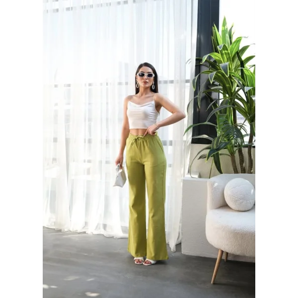 Beli̇ Lasti̇kli̇ Ve Bağcikli Keten Pantolon