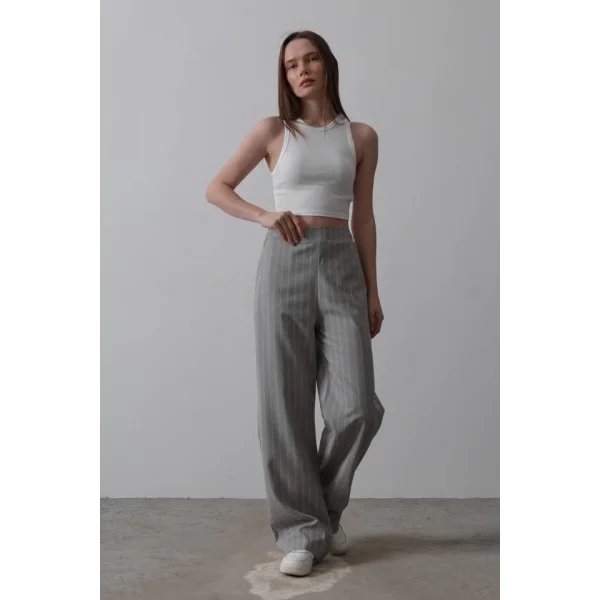 Beli Yarım Lastikli Palazzo Pantolon - Gri-Beyaz