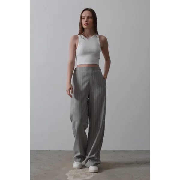 Beli Yarım Lastikli Palazzo Pantolon - Gri-Beyaz