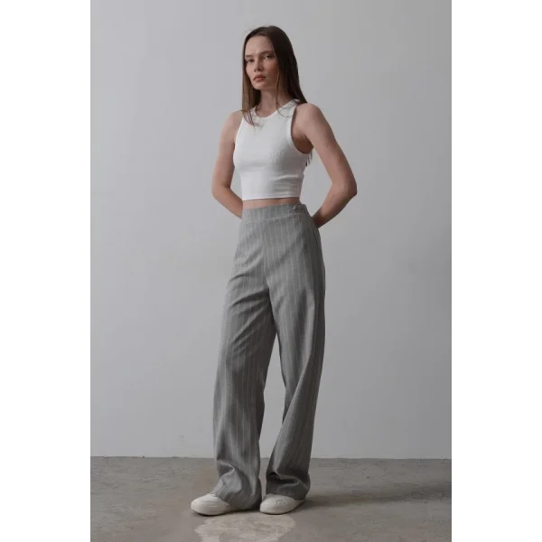 Beli Yarım Lastikli Palazzo Pantolon - Gri-Beyaz