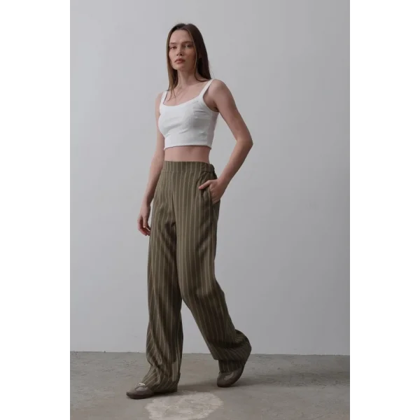 Beli Yarım Lastikli Palazzo Pantolon - Haki-Beyaz