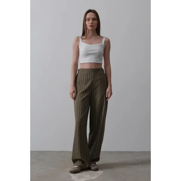 Beli Yarım Lastikli Palazzo Pantolon - Haki-Beyaz