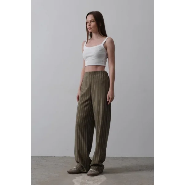 Beli Yarım Lastikli Palazzo Pantolon - Haki-Beyaz