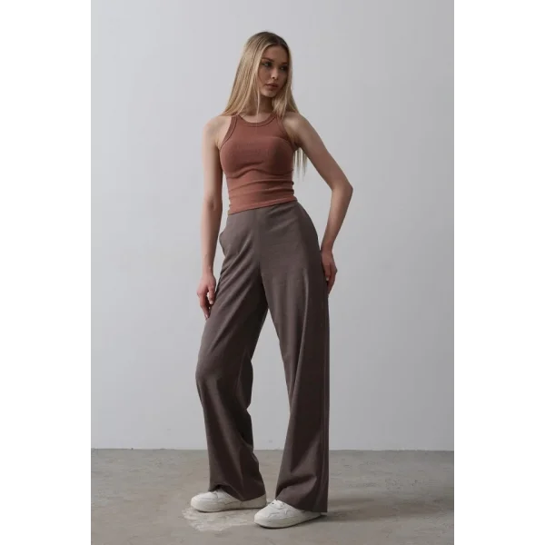Beli Yarım Lastikli Palazzo Pantolon - Kahve