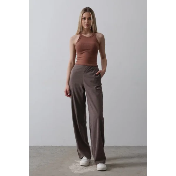 Beli Yarım Lastikli Palazzo Pantolon - Kahve