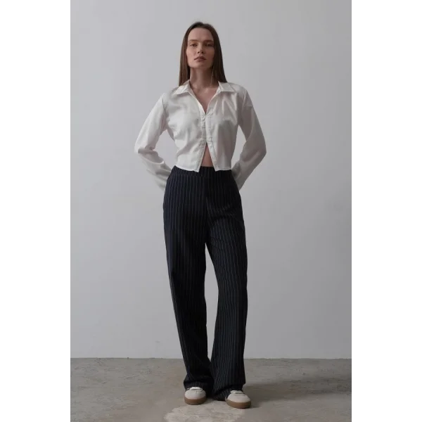 Beli Yarım Lastikli Palazzo Pantolon - Lacivert-Beyaz