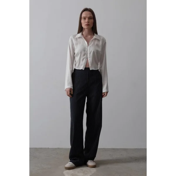 Beli Yarım Lastikli Palazzo Pantolon - Lacivert-Beyaz