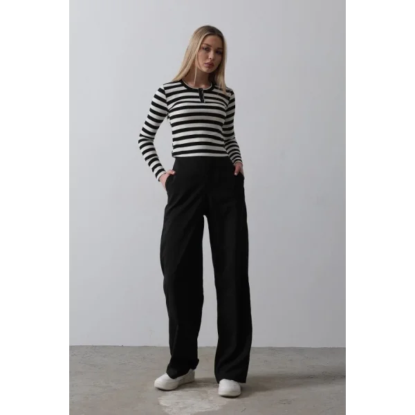 Beli Yarım Lastikli Palazzo Pantolon - Siyah