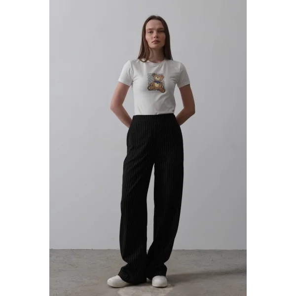 Beli Yarım Lastikli Palazzo Pantolon - Siyah-Beyaz