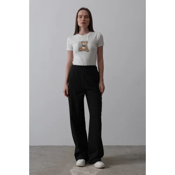 Beli Yarım Lastikli Palazzo Pantolon - Siyah-Beyaz