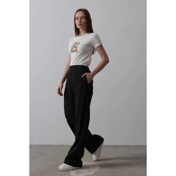 Beli Yarım Lastikli Palazzo Pantolon - Siyah-Beyaz