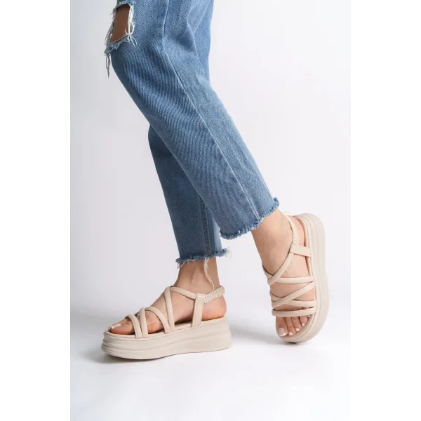 BELLA Lastikli Şerit Detaylı Ortopedik Taban Kadın Sandalet CKT - Krem
