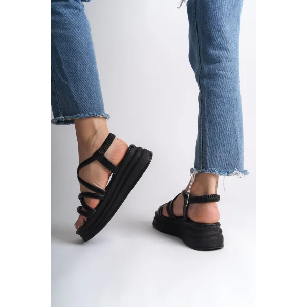 BELLA Lastikli Şerit Detaylı Ortopedik Taban Kadın Sandalet CST - Siyah