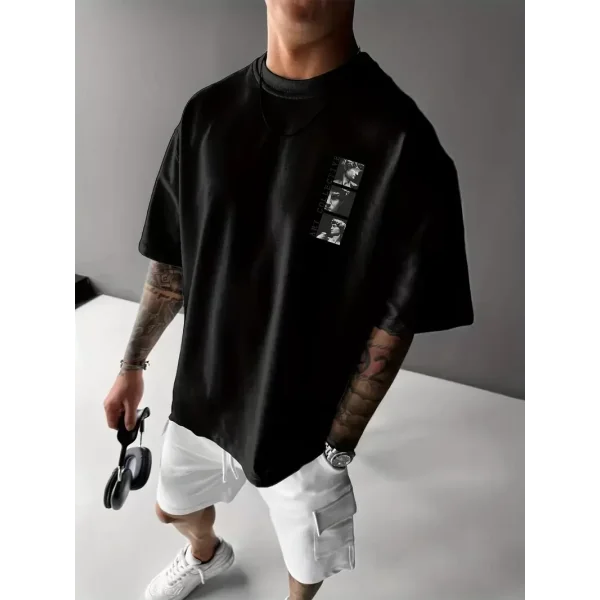 Benzersiz Sırt Baskılı Erkek Sokak Stili Bol Tişört - Nefes Alabilir Polyester, Makinede Yıkanabilir - Siyah