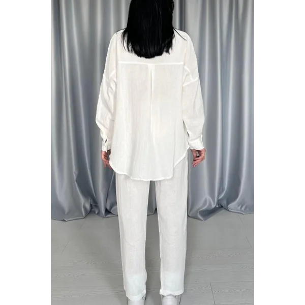 Beyaz 3 Taş otifli Gömlek Ve Pantolon Takım