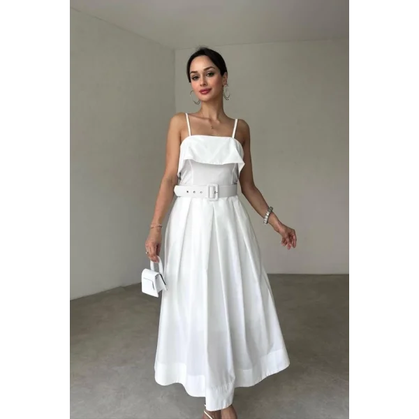 Beyaz Beli Kemerli Pileli Elbise