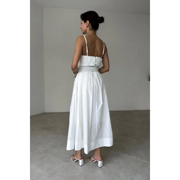 Beyaz Beli Kemerli Pileli Elbise