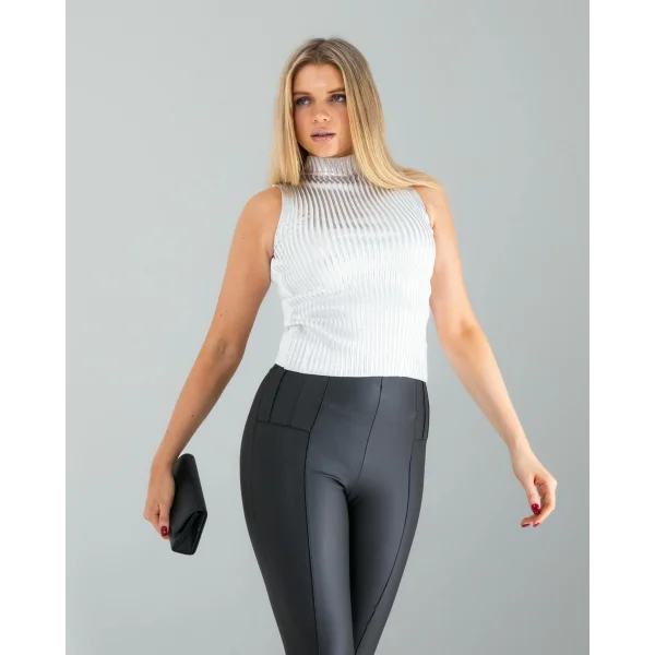 Beyaz Bisiklet Yaka Varaklı Triko