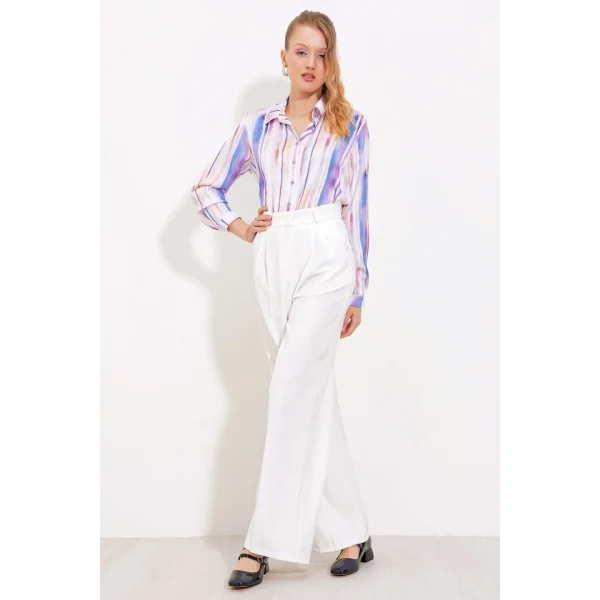 Beyaz Bol Paça Kumaş Pantolon 6647