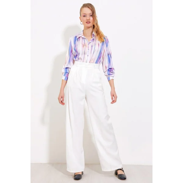 Beyaz Bol Paça Kumaş Pantolon 6647