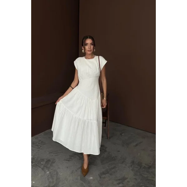 Beyaz Büzgü Detaylı Keten Elbise