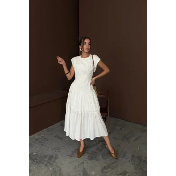 Beyaz Büzgü Detaylı Keten Elbise