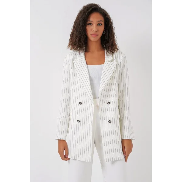Beyaz Çift Düğmeli Çizgili Blazer Ceket 0699