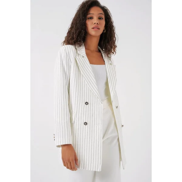 Beyaz Çift Düğmeli Çizgili Blazer Ceket 0699