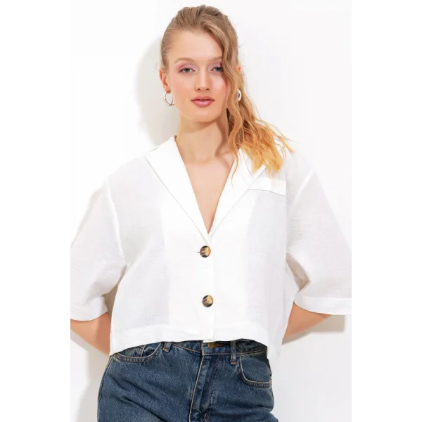 Beyaz Çift Düğmeli Oversize Crop Keten Ceket 0706