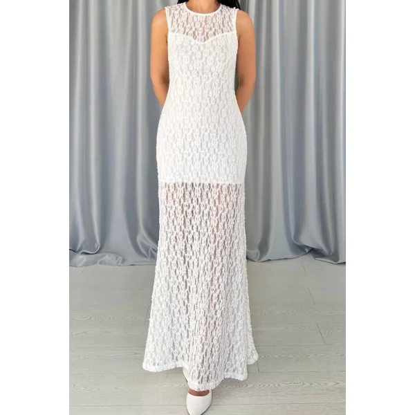 Beyaz Dantelli Kolsuz Elbise