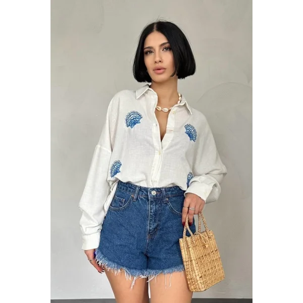 Beyaz Deniz Kabuk Desenli Gömlek