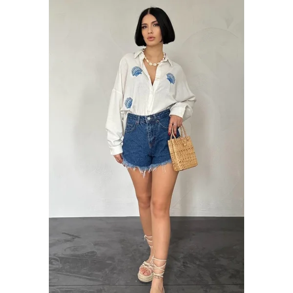 Beyaz Deniz Kabuk Desenli Gömlek