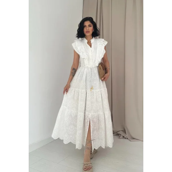 Beyaz Fırfırlı Düğmeli Elbise