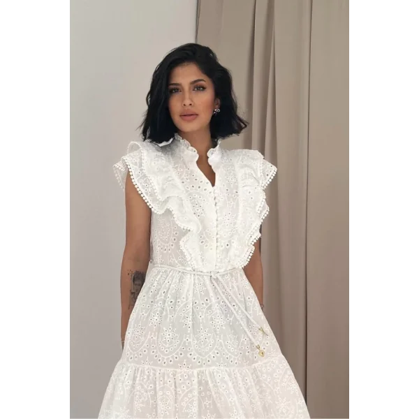 Beyaz Fırfırlı Düğmeli Elbise