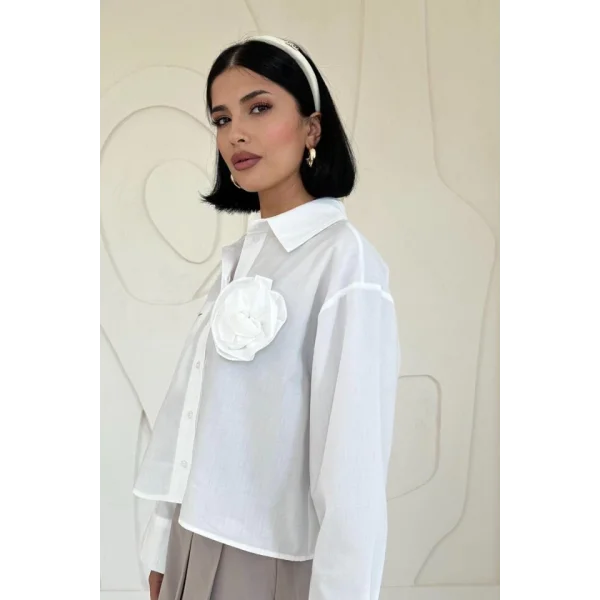 Beyaz Fleto Cepli Poplin Gömlek