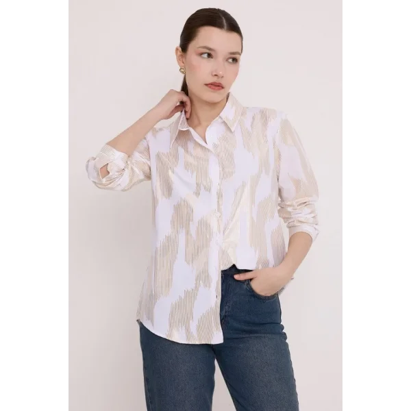 Beyaz Gold Varak Desenli Gömlek 20253