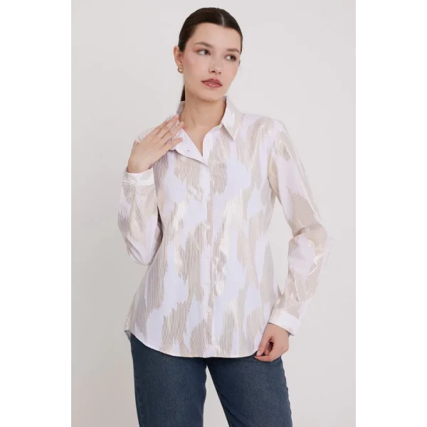 Beyaz Gold Varak Desenli Gömlek 20253