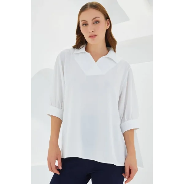 Beyaz Gömlek Yaka Saten Bluz 0493