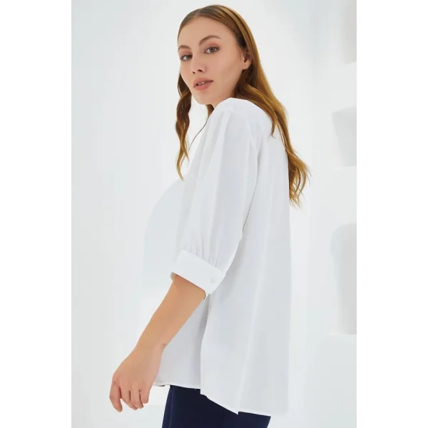 Beyaz Gömlek Yaka Saten Bluz 0493