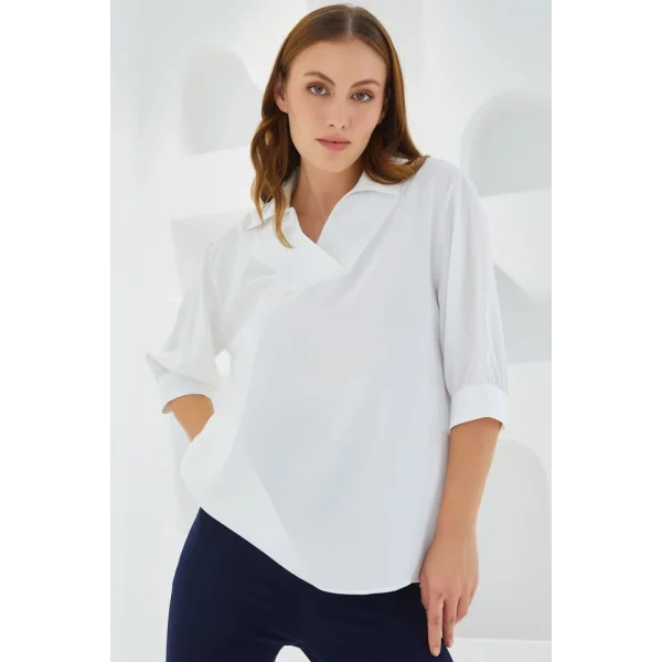 Beyaz Gömlek Yaka Saten Bluz 0493