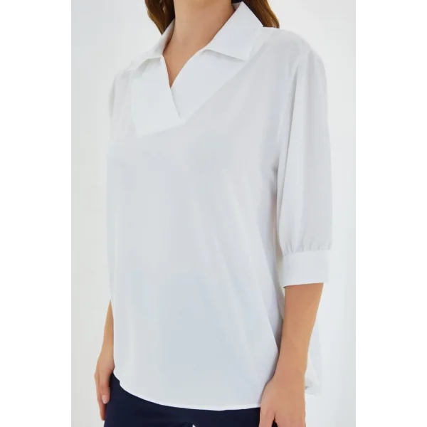 Beyaz Gömlek Yaka Saten Bluz 0493
