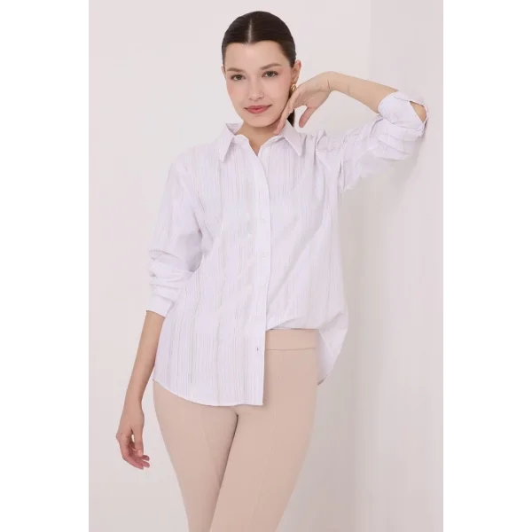 Beyaz Gümüş Varak Desenli Gömlek 20253