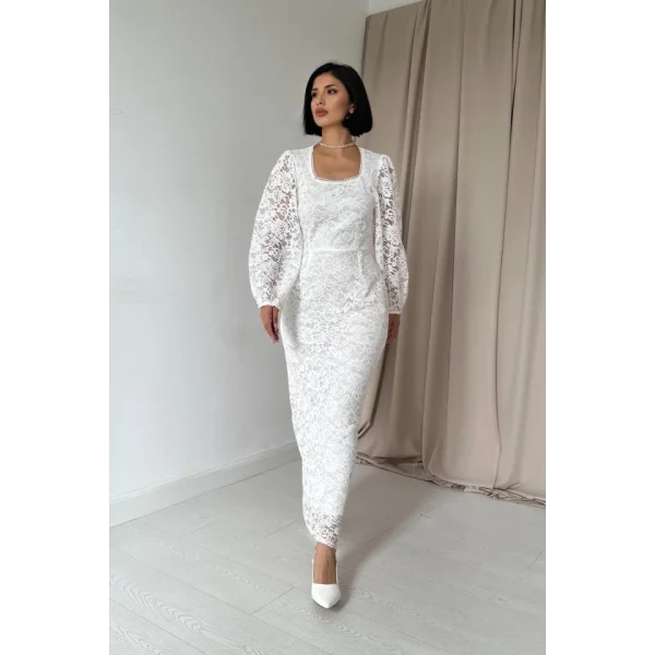 Beyaz Güpür Detaylı Dantel Elbise