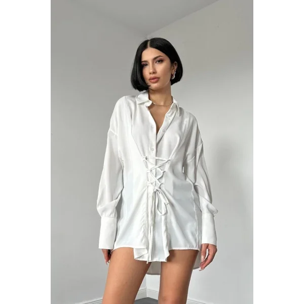 Beyaz Jesica Parçalı Bağcıklı Gömlek